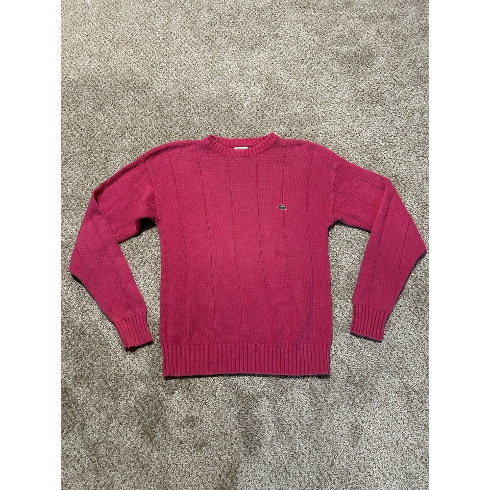 Vintage 90s Izod Lacoste Cable Knit Sweater Mens Large Pink Logo Pullover